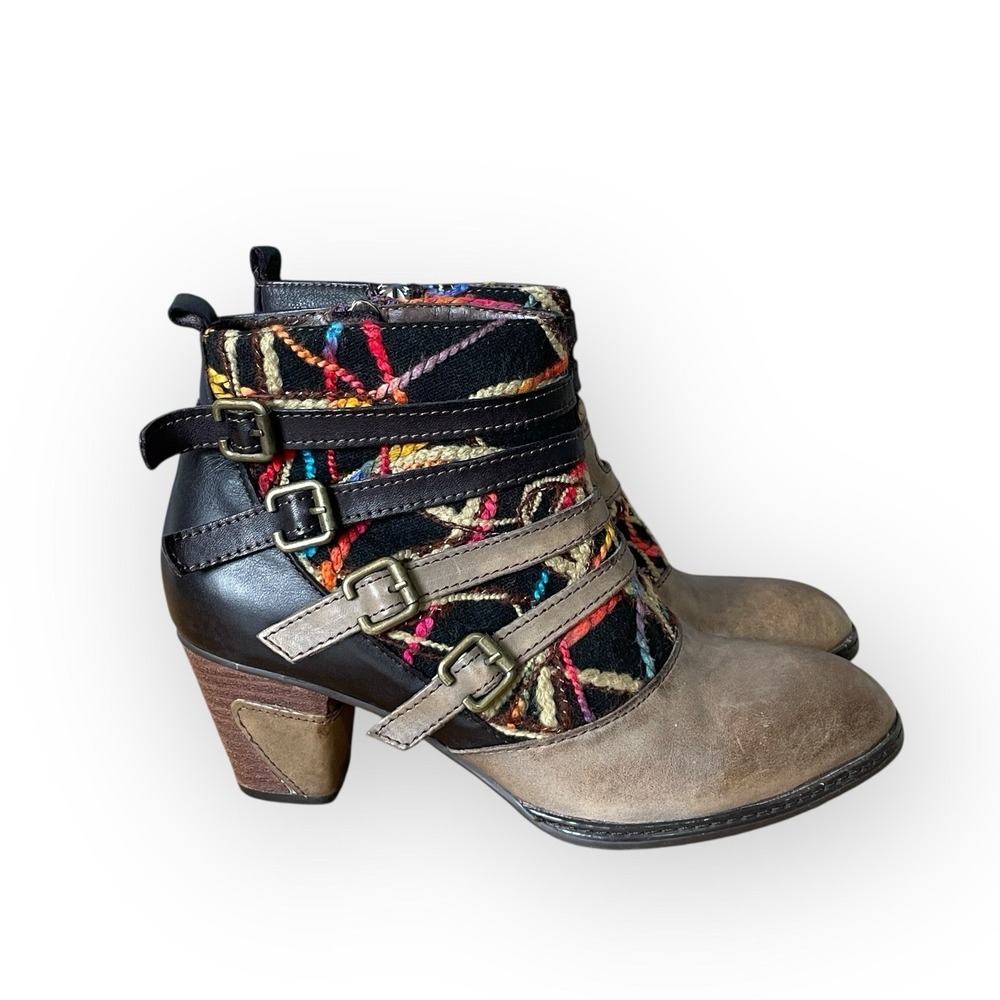 Multicolor Patterned Leather & Suede Ankle Booties with Buckle Straps